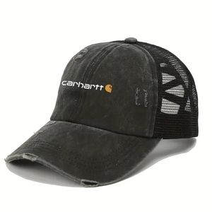 Ponytail Trucker Hat in Acid Washed Black